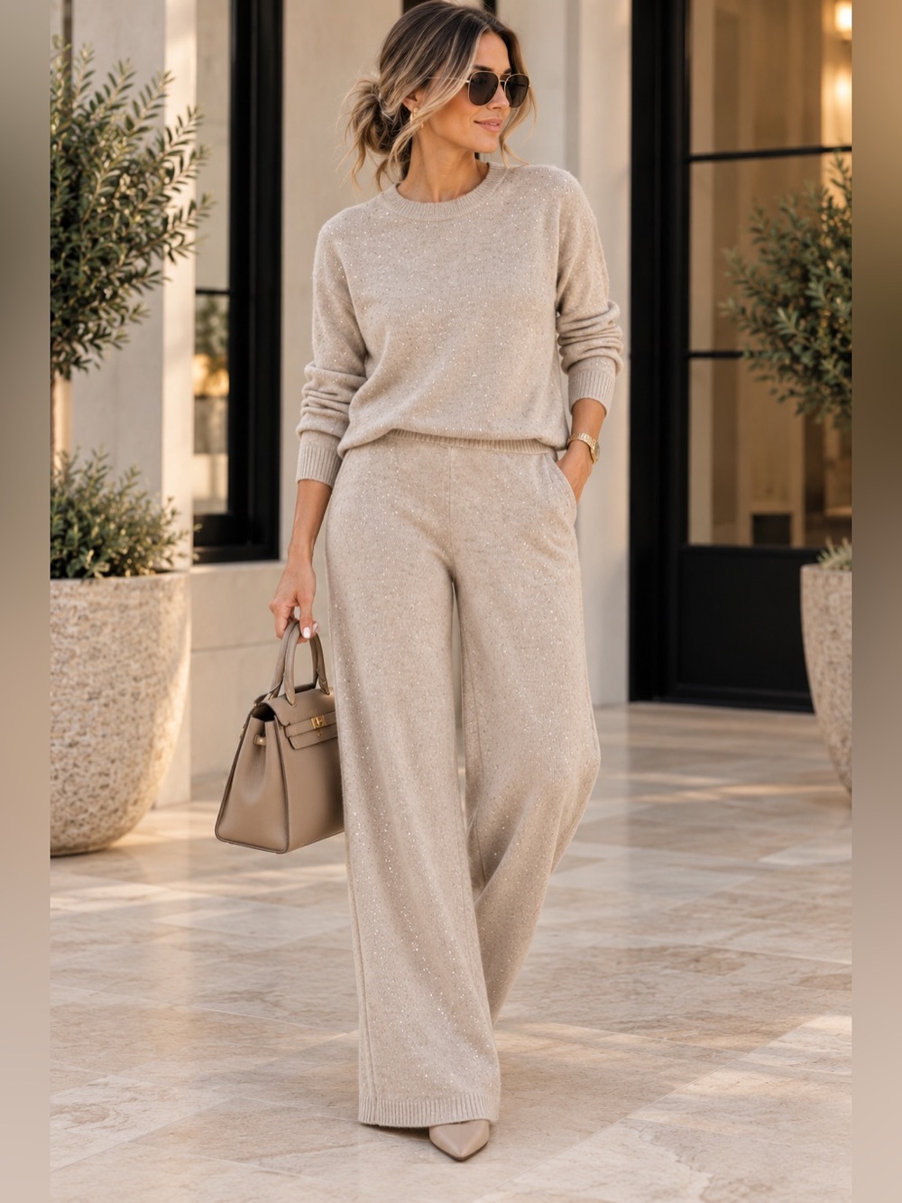 Women's Taupe Wide-Leg Knit Pants with Subtle Sparkle